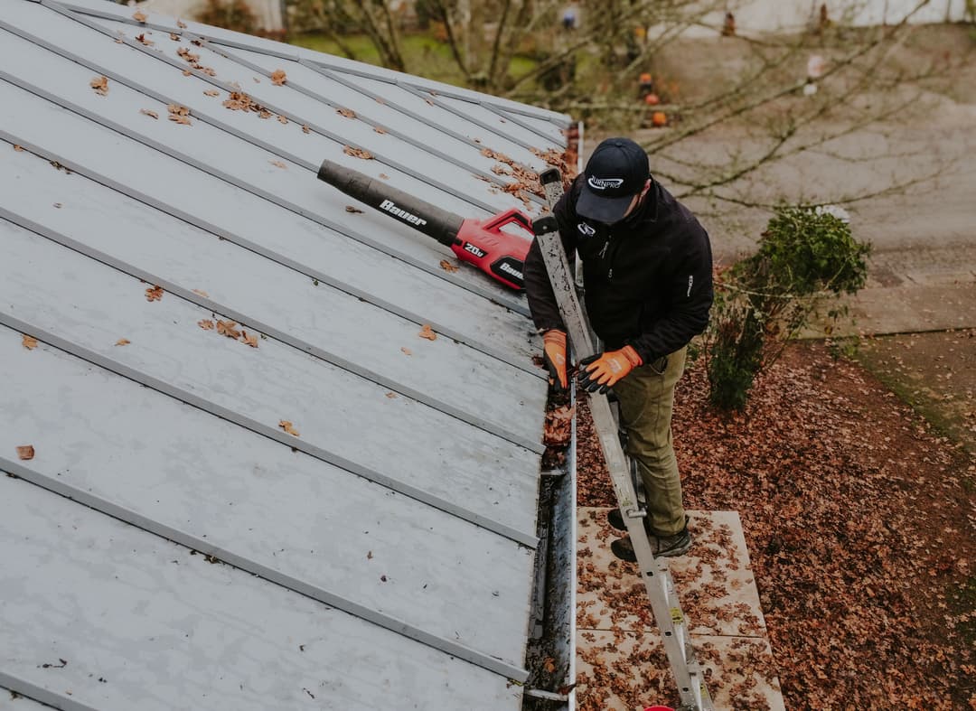 Person using a leaf blower on a metal roof, clearing leaves in a residential area.