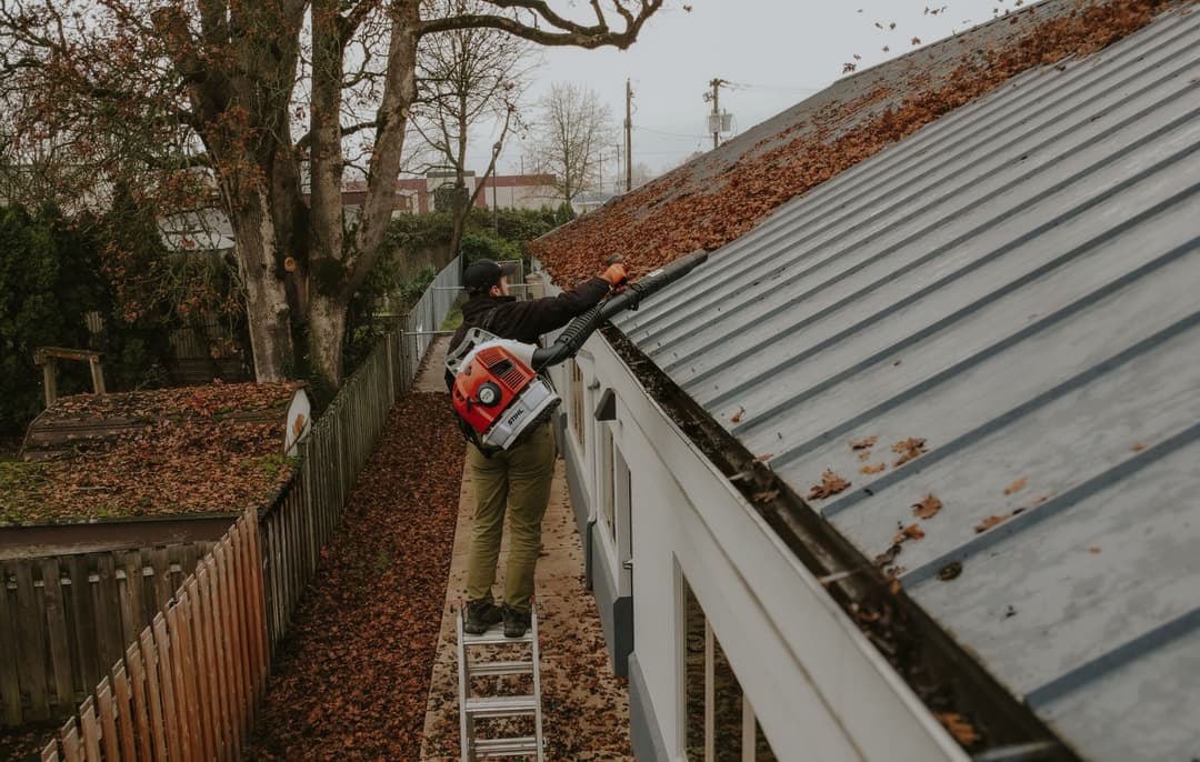 Person using a leaf blower to clear leaves from a residential metal roof in autumn.